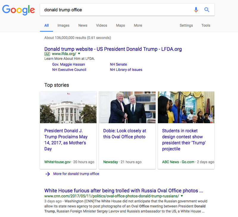 Screenshot of the search results on Google when you search “donald trump office”, as of Monday morning, May 15, 2017 (Screenshot/Google)